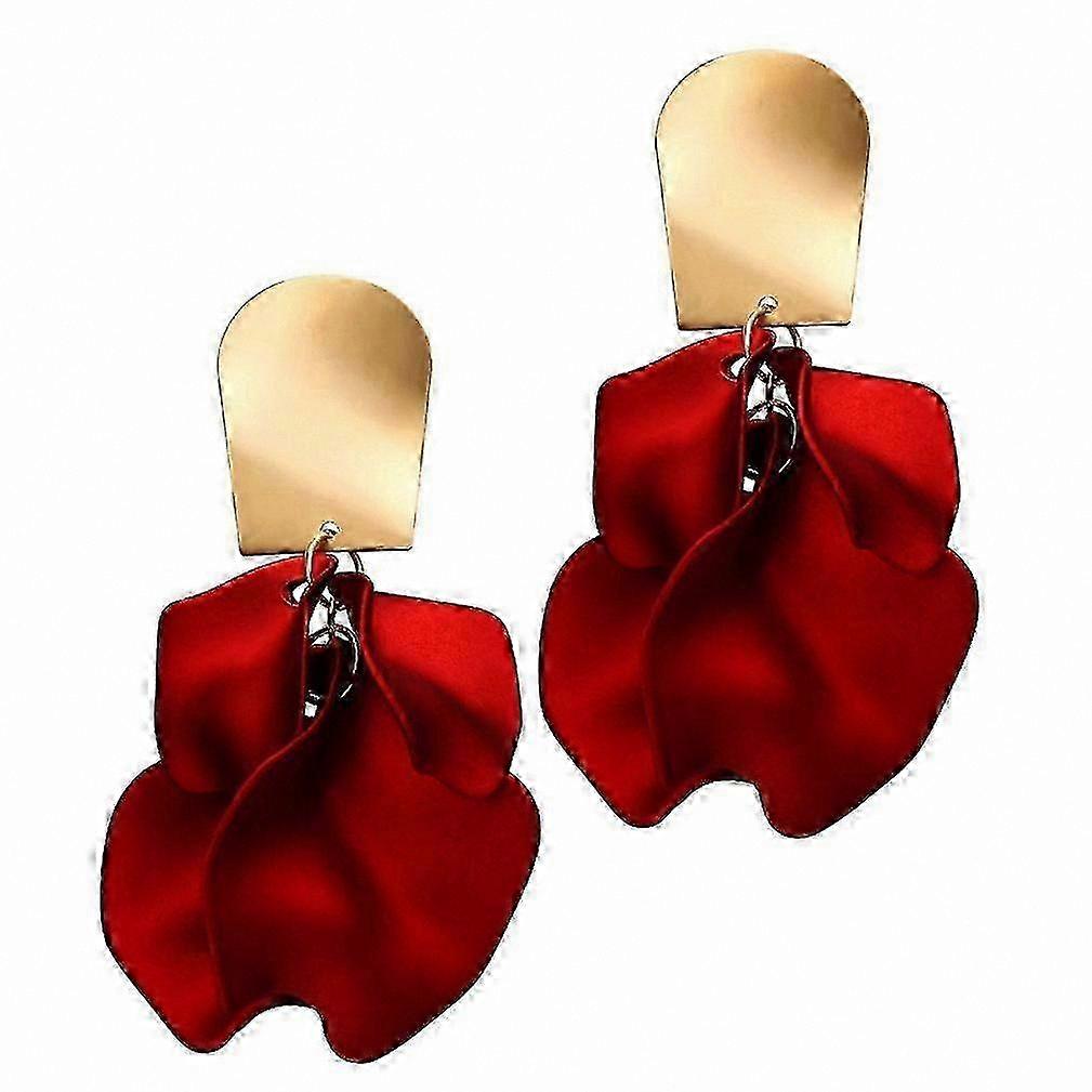 Red Rose Petals Earrings, Red Metal Eardrops for Wedding
