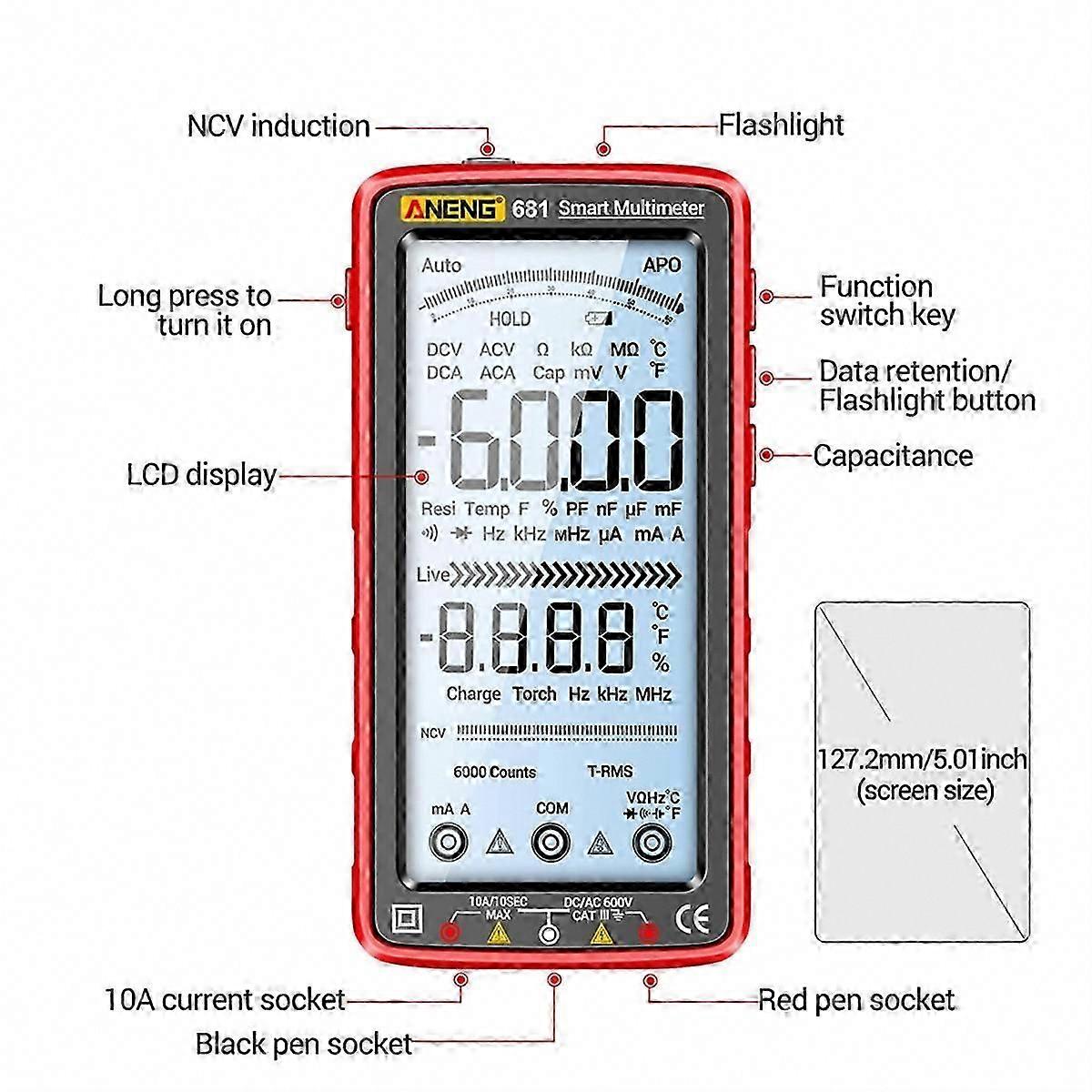 Rechargeable Digital Multimeter Non-Contact Voltage Tester with LCD Screen for Current Testing