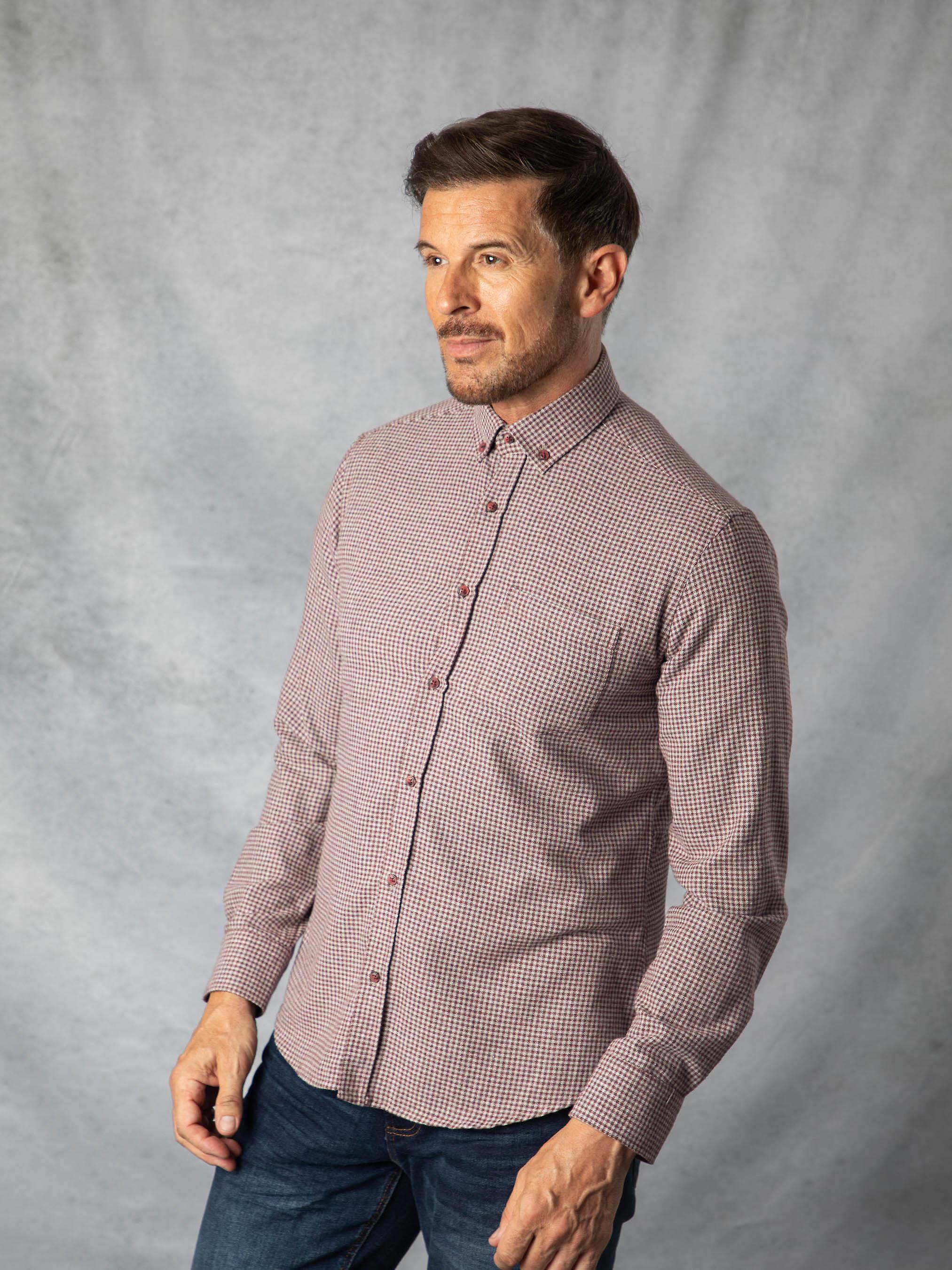 Joshua Houndstooth Check Brushed Shirt in Berry