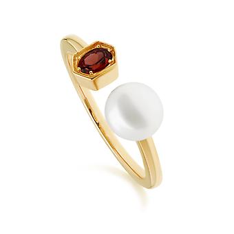 Modern Pearl & Garnet Open Ring in Gold Plated Sterling...