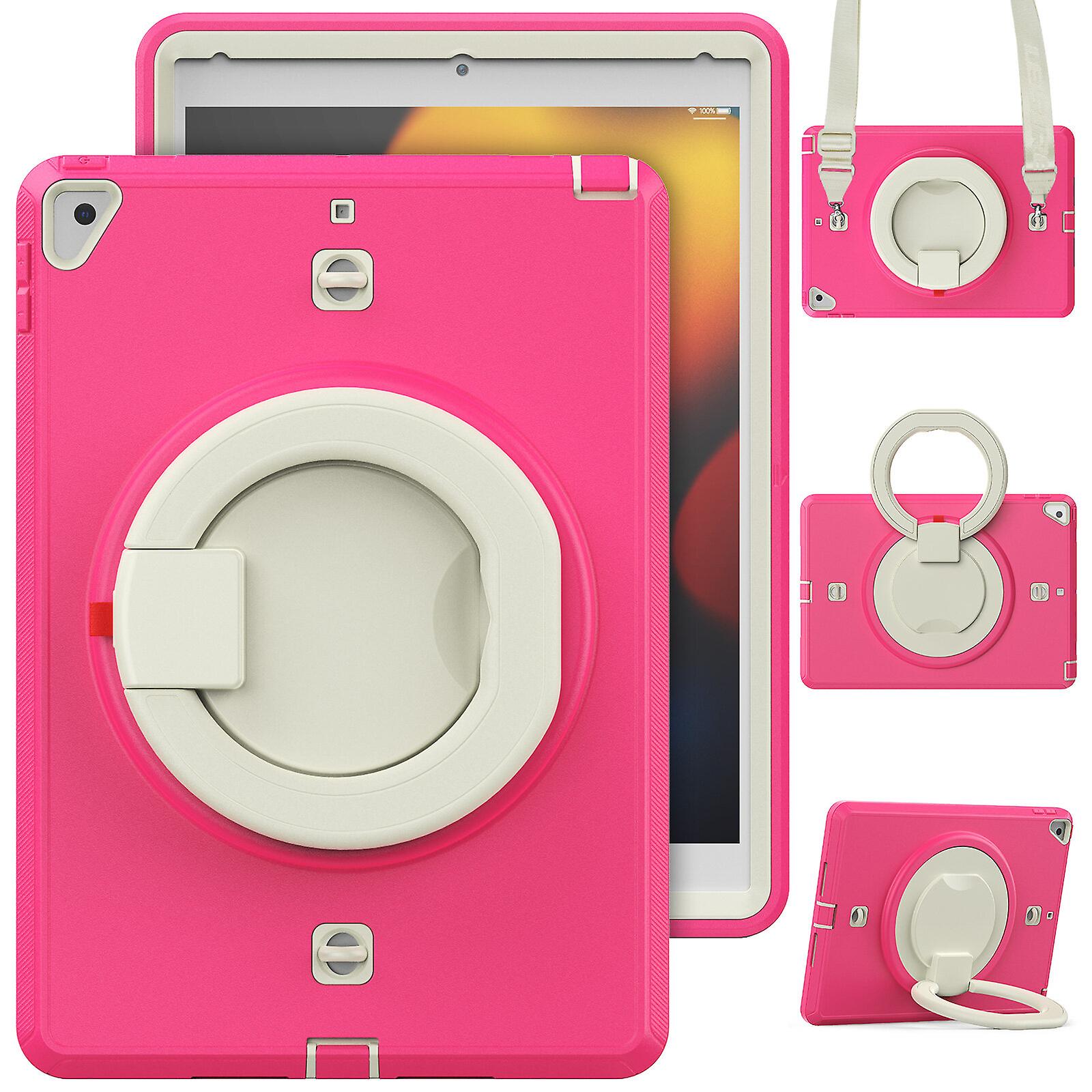 Case for iPad 7/ 8 /9 10.2 inch with 360 Rotating Handle Stand and Adjustable Shoulder Strap, Rose Red