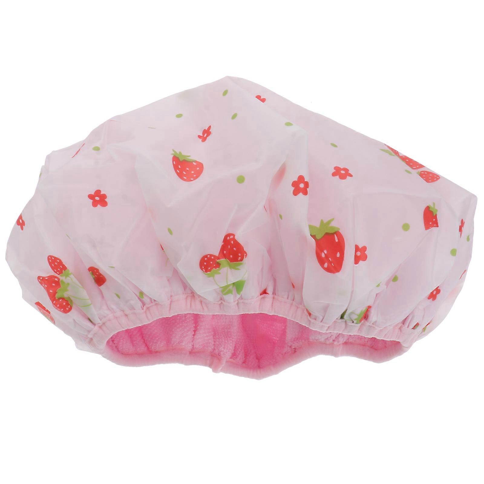 Double Layers Strawberry Printed Shower Waterproof Bathing Hat Elastic Fast Dry Bath for Bathroom