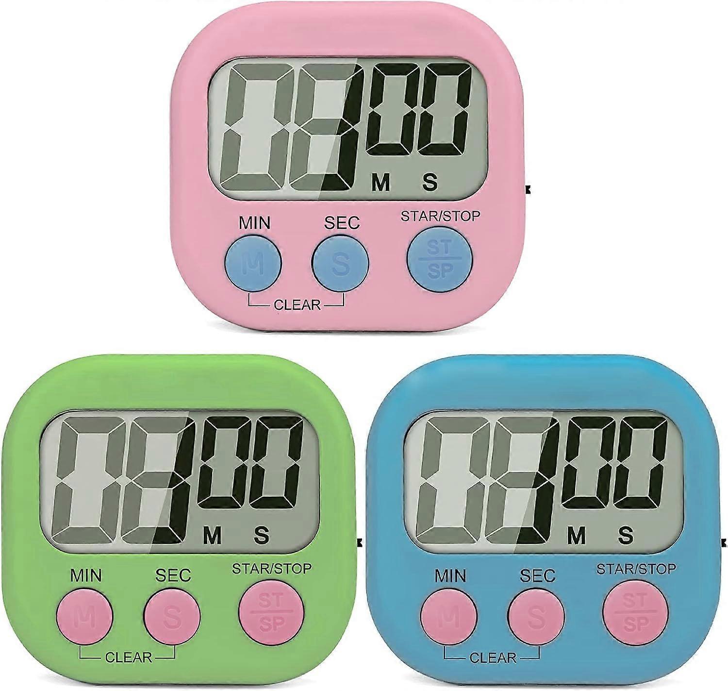 3 piece digital kitchen timer (blue green pink), cooking timer, large