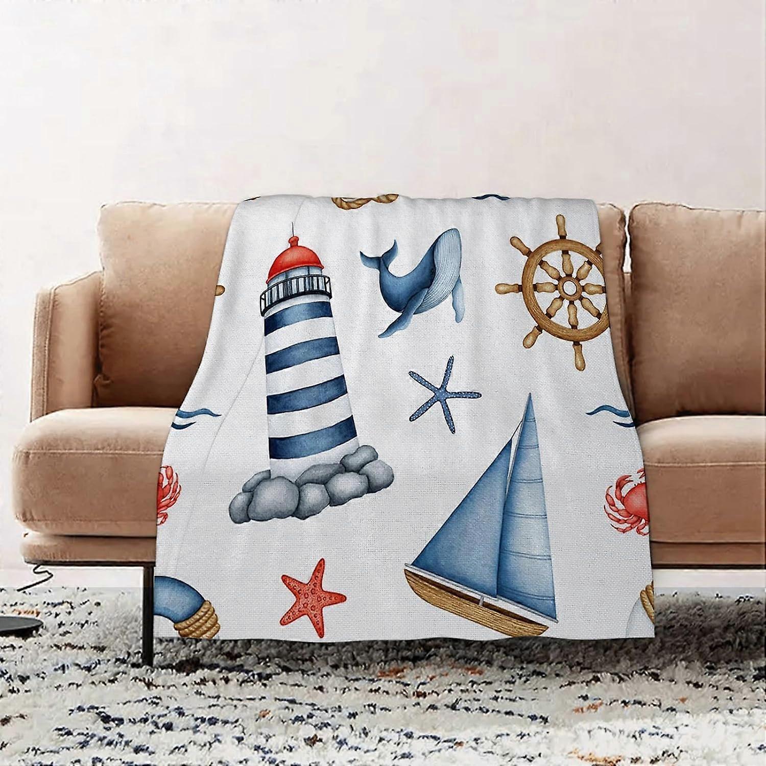 Premium Flannel Throw Blanket - Watercolor Ocean Lighthouse Saioat Underwater Animal,Kids flannel Blanket Sofa Throw, Blanket Fluffy Soft Throw for Be