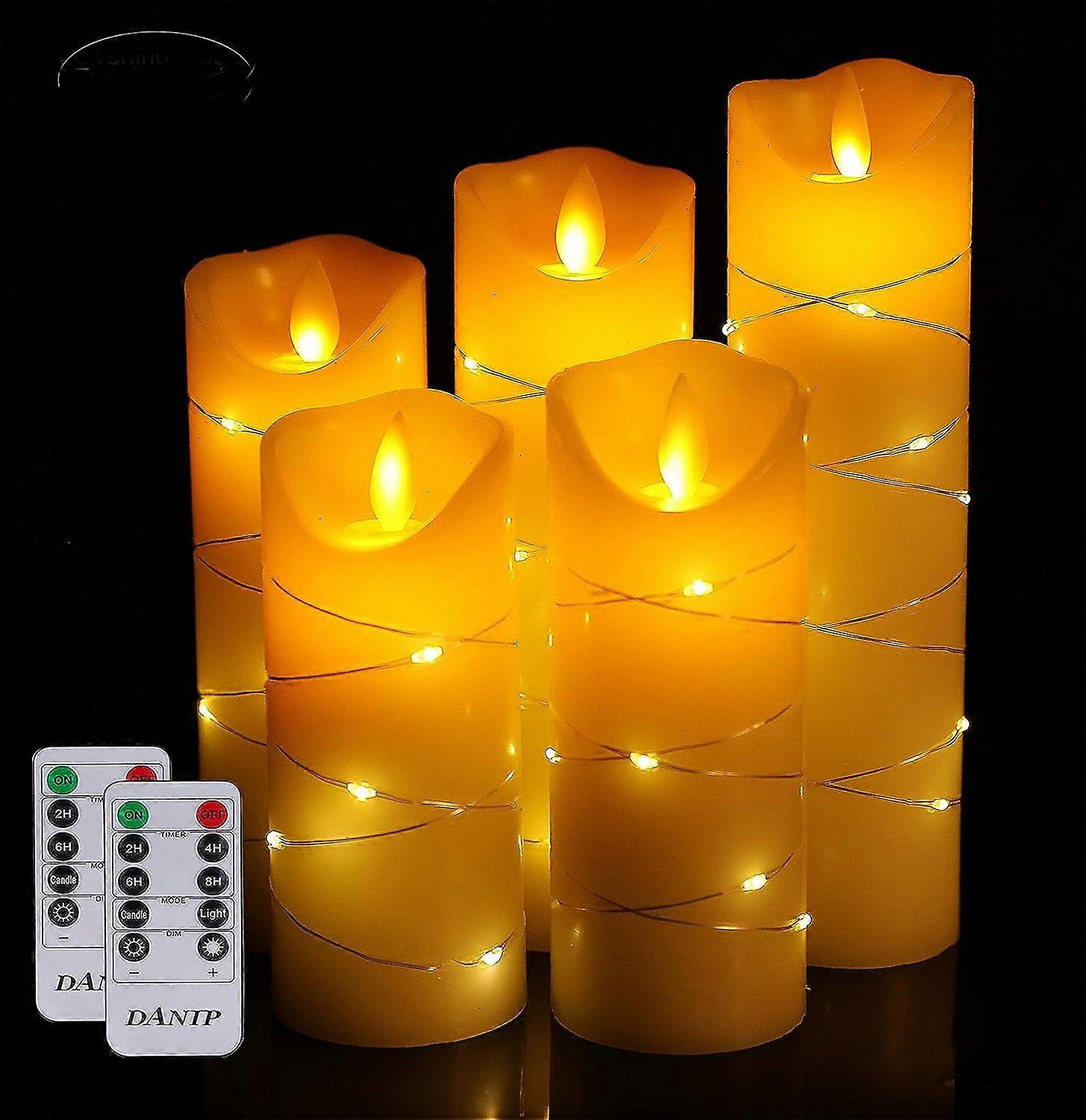 LED flameless candle, with embedded star string, 5-piece LED candle, with 10 key remote control, 24-hour timer function, dancing flame, real wax, batt