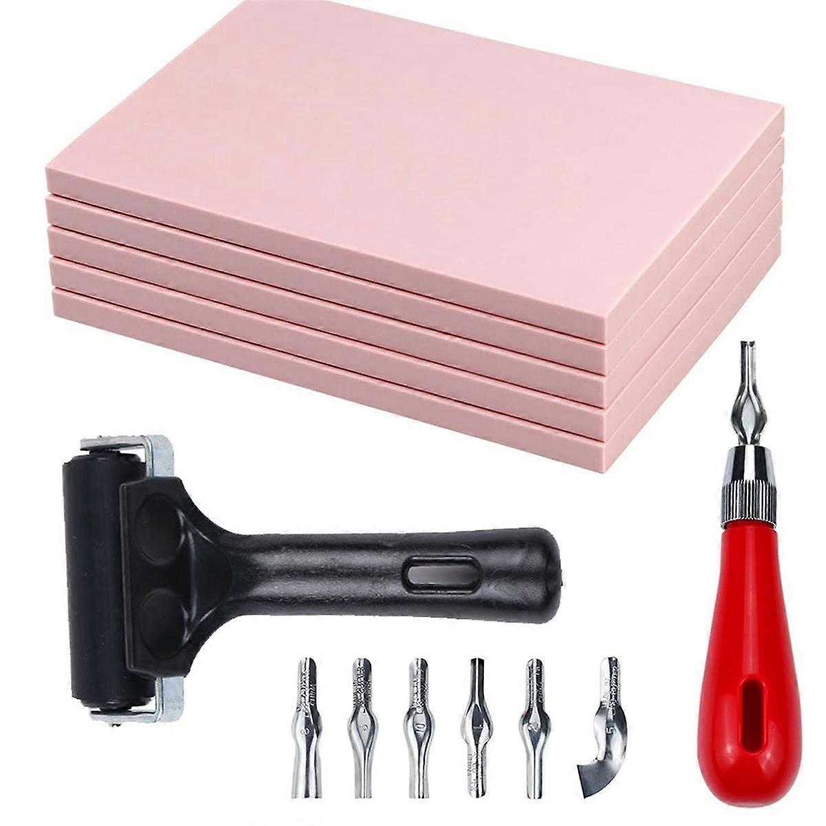 5 Pack Rubber Block Stamp Carving Blocks with Cutter Tools and Rubber Brayer Roller for Printmaking