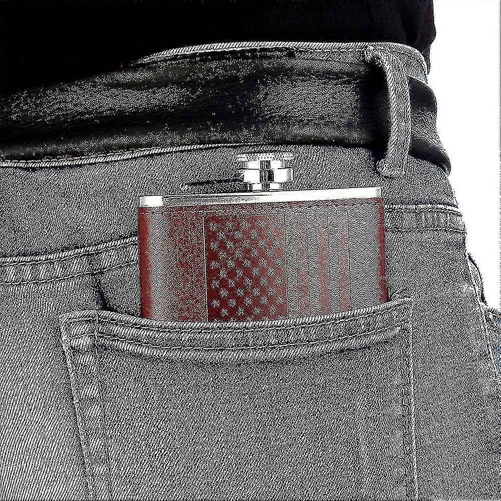 Whiskey Flask With American Flag For Liquor And Funnel, 8 Oz Leak Proof Stainless Steel Pocket Hip Flask With Soft Touch Leather Cover, Brown Flask Fo