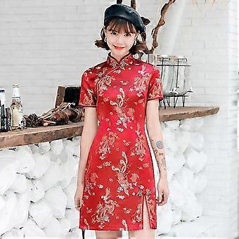 slim fit dress slacks Full Length Traditional Cheongsam Silk Chinese Dress with Floral Lace Edge