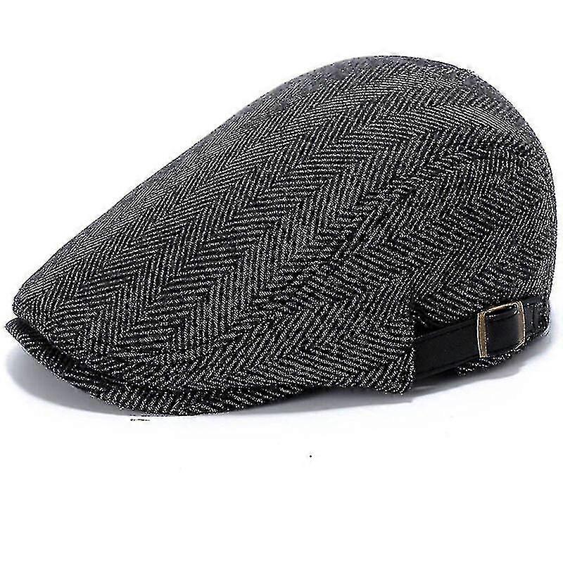 Men's Flat Beret Cap Adjustable Flat Hat Autumn Winter - Gray Herringbone