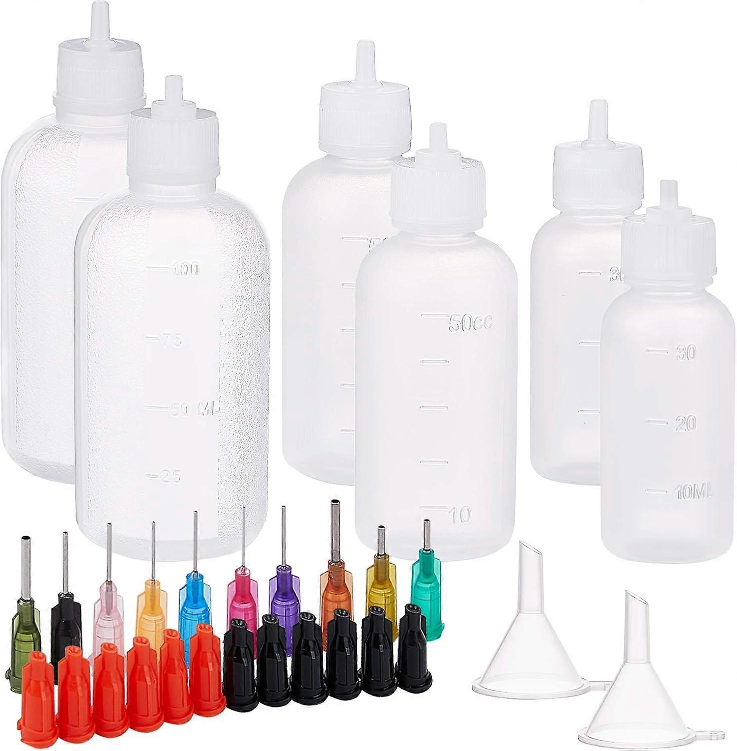 12Pcs Plastic Glue Bottles(1oz/1.7oz/3.4oz) with 20Pcs Blunt Tip Needle(10 Mixed Size) 12 Bottle Stoppers and 6 Funnel Hopper for Oil Dispensing Liqui