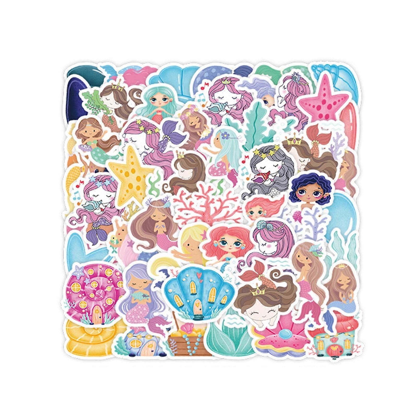 50Pcs/Set Sticker Decal Self-Adhesive Waterproof Non-fade Tear-resistant Re-paste Mermaid Kids Cartoon Sticker Notebook Accessory KAESI