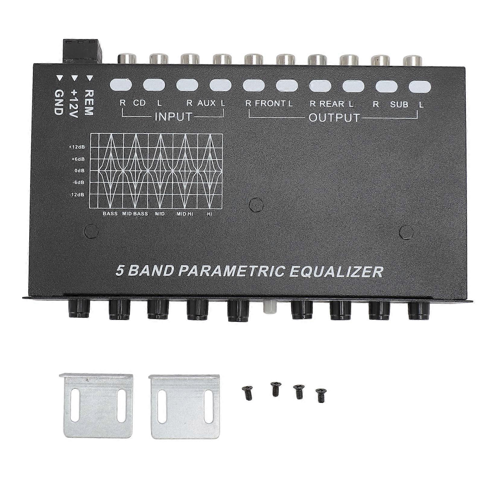 5 Band Car Sound Equalizer Adjustable 5 Bands EQ Car Amplifier Graphic Equalizer with CD AUX Input Select Switch Front Rear Sub Output for Boat RV RTV