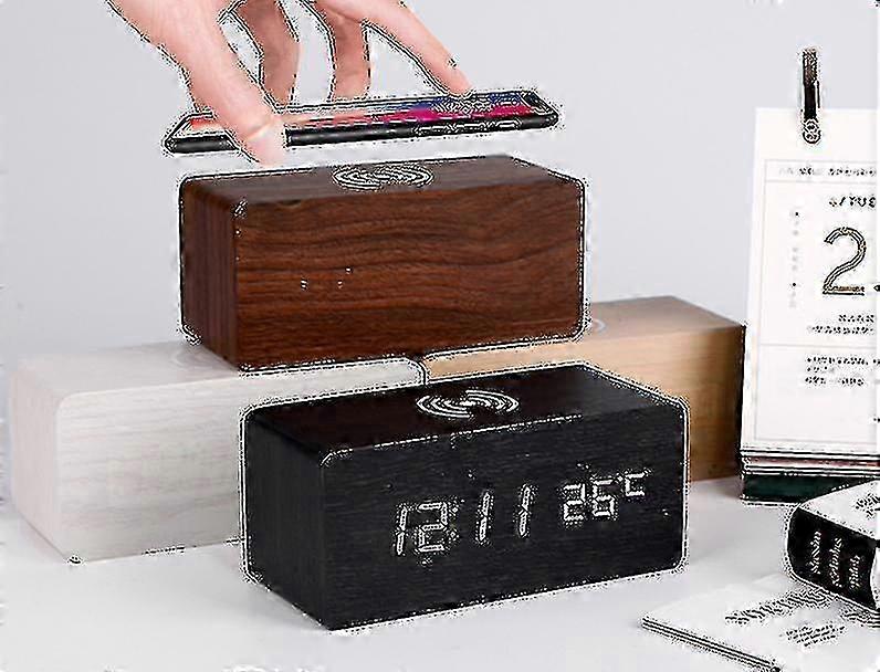 Wooden Digital Alarm Clock Wireless Charging With Date Temperature Humidity