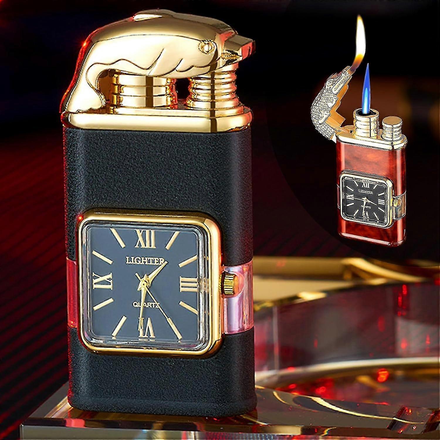 Windproof Lighter Vintage Watch Bezel Jet Flame Torch, Men's Cool Dual Flame Lighter Torch and Soft, Horse/Tiger/Dragon Animals Vintage Lighter Refill