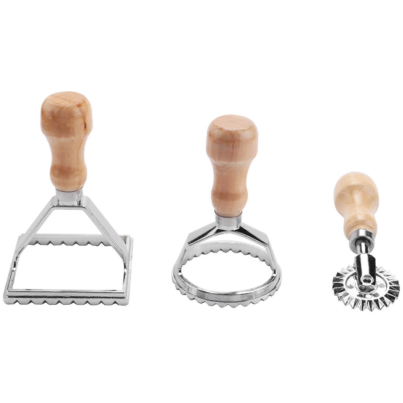 Ravioli Stamp Maker Cutter with Roller Wheel Set, Mold with Wooden Handle for Fluted Edge, Pasta Press Kitchen Attachment