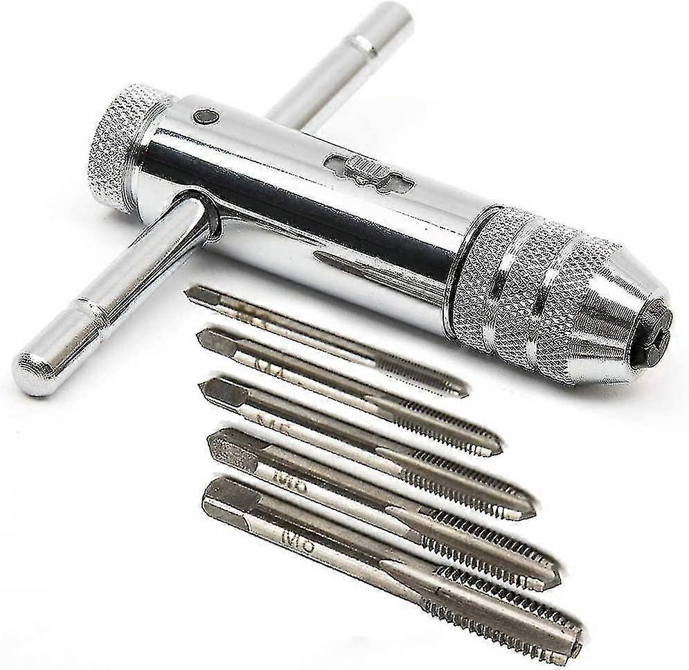 T-handle Ratchet Tap Holder Wrench,adjustable Hss T-shaped/t Type One-hand Tap And Die Set Tapping Threading Tool With 5 Pack Hand Thread Screw Tap M3
