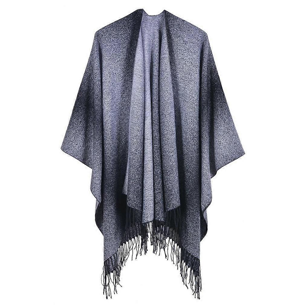 Grey Fringed Hem Pashmina Shawl Wrap Thicken Warm Poncho Open Front Cape for Lady