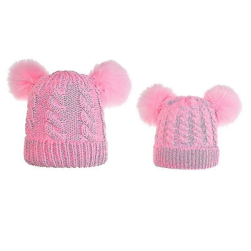 2pcs Parent-ld Cable Knit Beanie Hat Double Pompom Cap