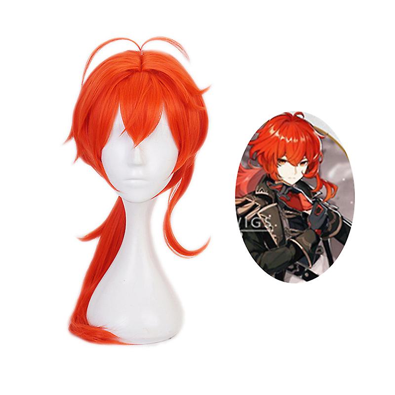 Game Genshin Impact Diluc Red Long Cosplay Wig Ponytail Wigs Synthetic Hair