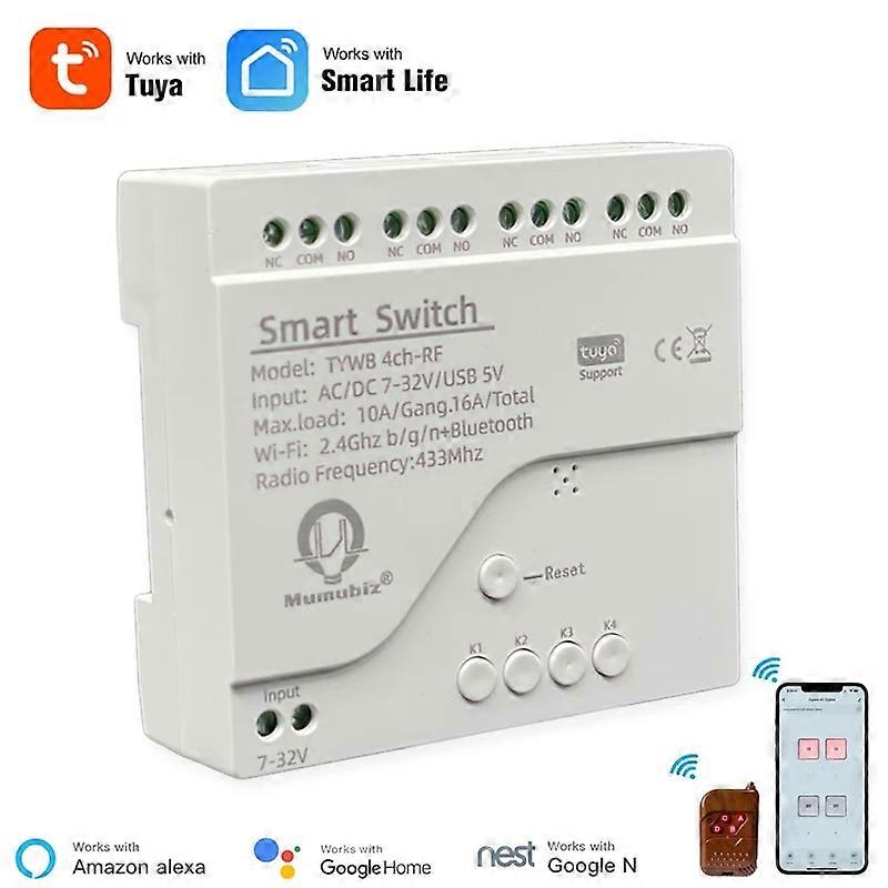 Tuya Smart 4 Channel WiFi RF Momentary Inching Relay Self-Lock Switch Module,DIY WiFi Garage Door Controller, Din Rail Housing