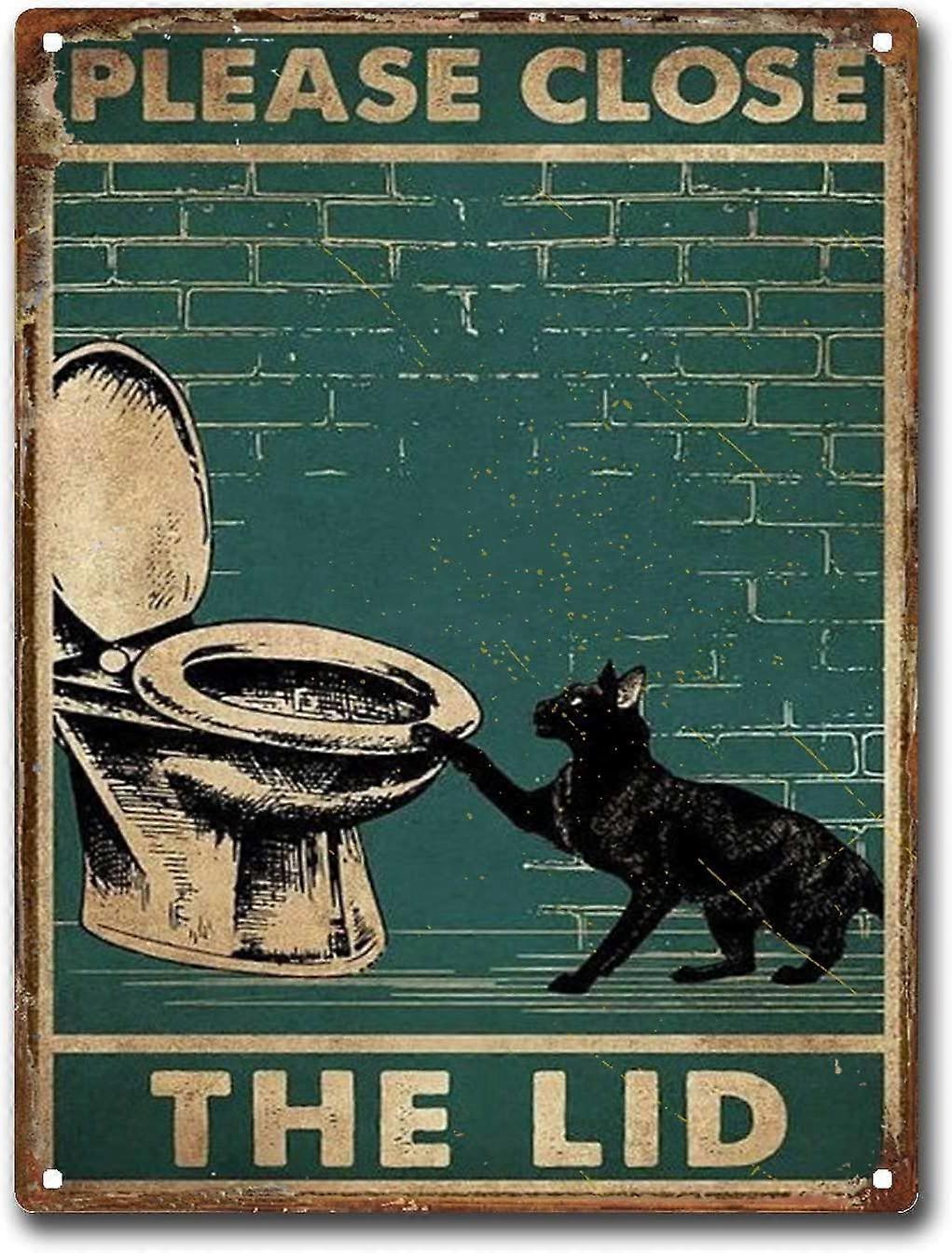 שלט פח חתול שחור אנא סגור את המכסה חדר האמבטיה שירותים שלטי פח רטרו שלטי וינטג '12x16 אינץ'