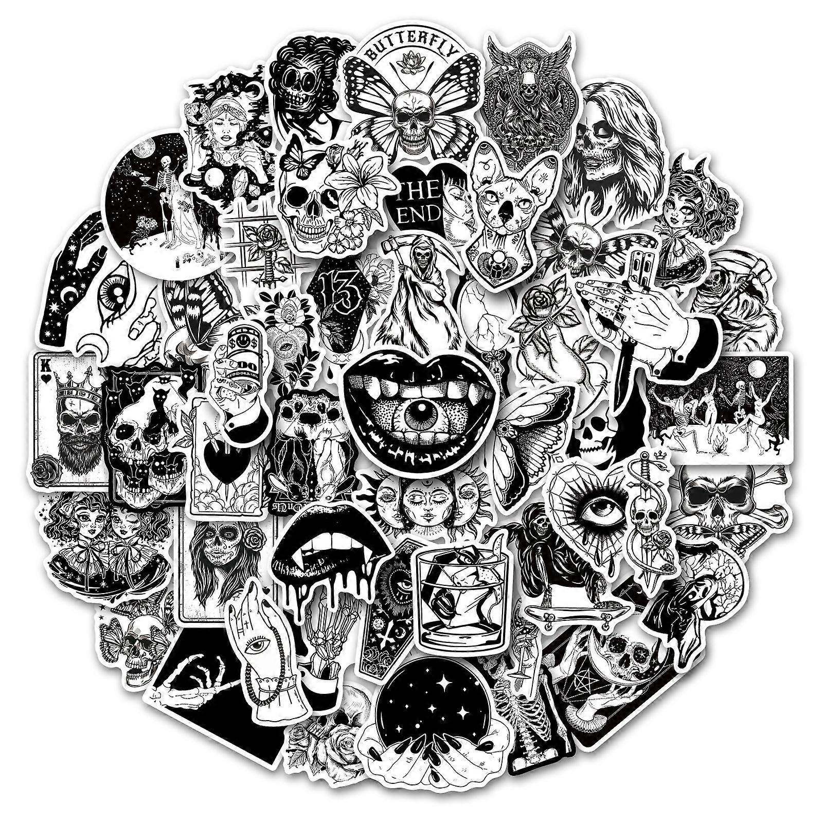 Black and White Gothic Horror Magic Collection Stickers, Set of 50, Waterproof and UV Resistant, Great for All Your Gadgets