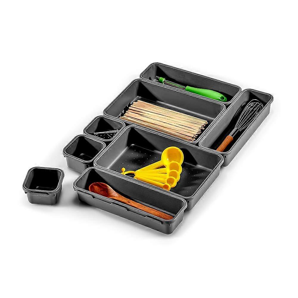 8-Piece Interlocking Drawer Organizer Tray Set in Granite Design, Versatile Size for Kitchen and Office Storage