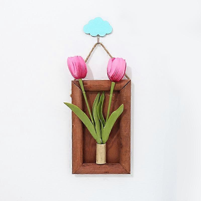 Artificial Tulip Flowers Simulation Wall Hanging Pot Flower Wood Frame Hanging Pendants