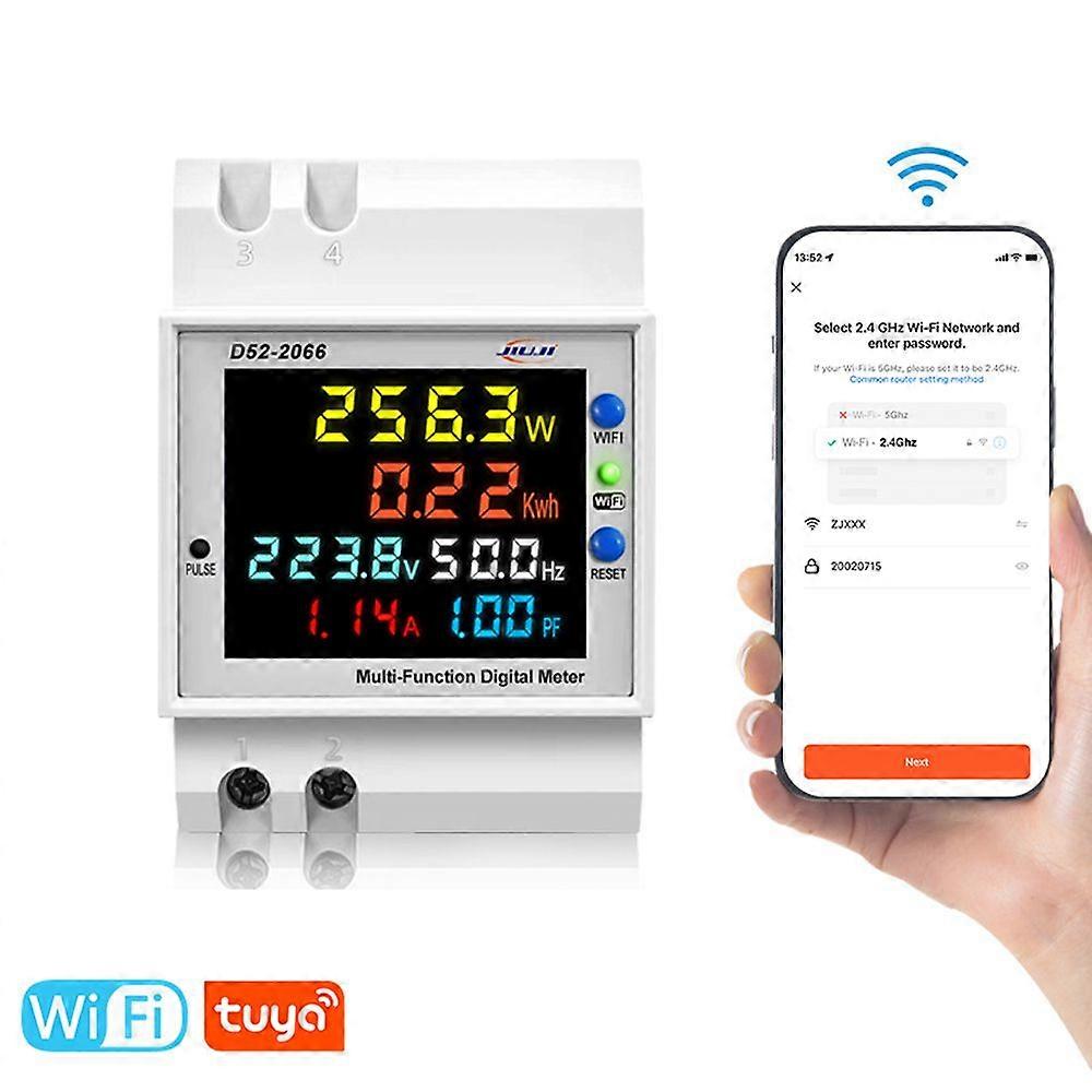 Tuya Intelligente DIN-Rail WiFi Digitale Energiemeter Spannings- en Stroommeter met Frequentie en Arbeidsfactor