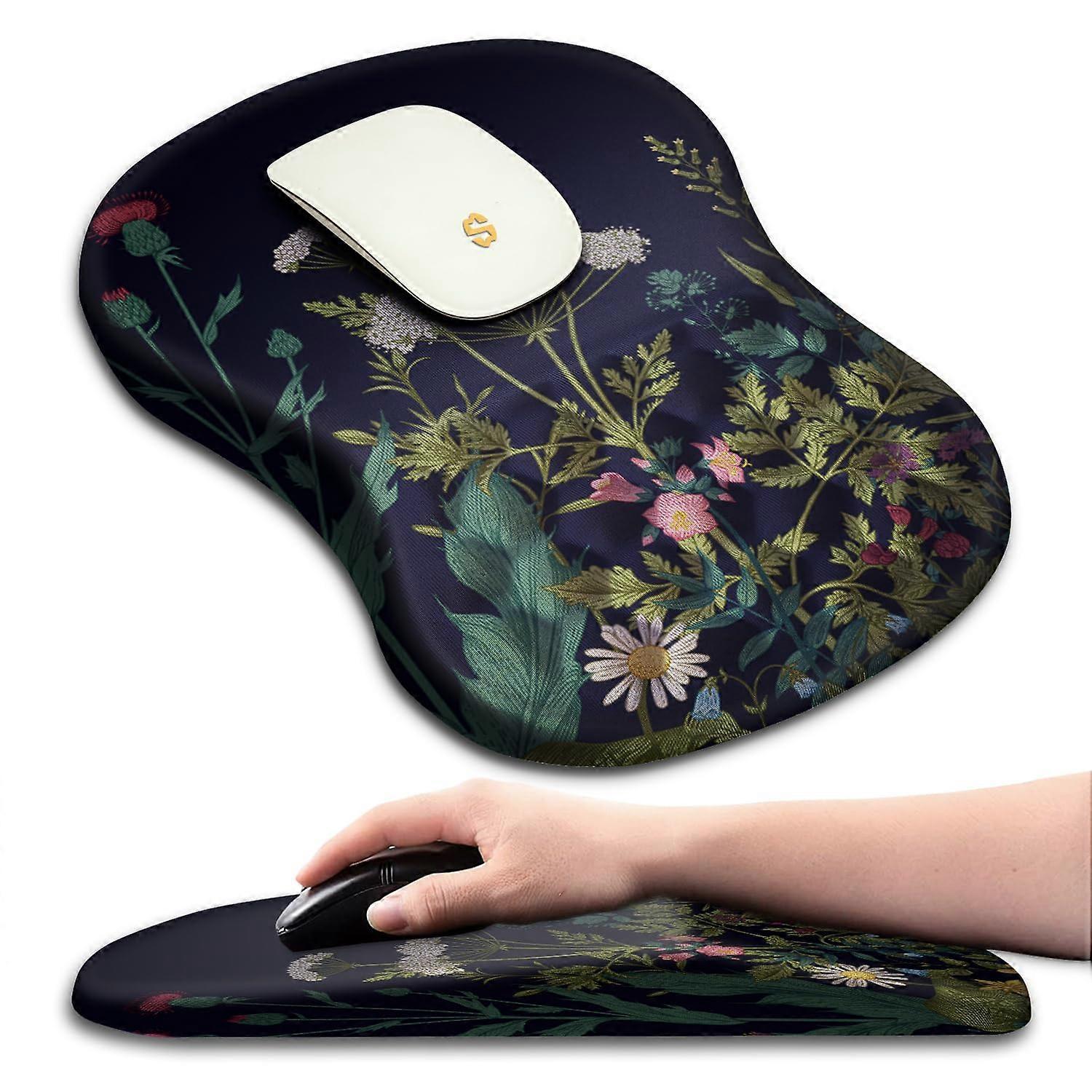 Ergonomic Massage Design Memory Foam Non-Slip Mouse Pad for Wireless Computer Midnight Flowers