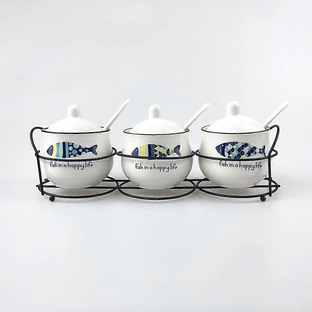 Condiment Pots with Spoons 3Pcs Ceramic Spice Container Set With Shelf Condiment Jar And Sugar Bowls Ceramic Lid Fish