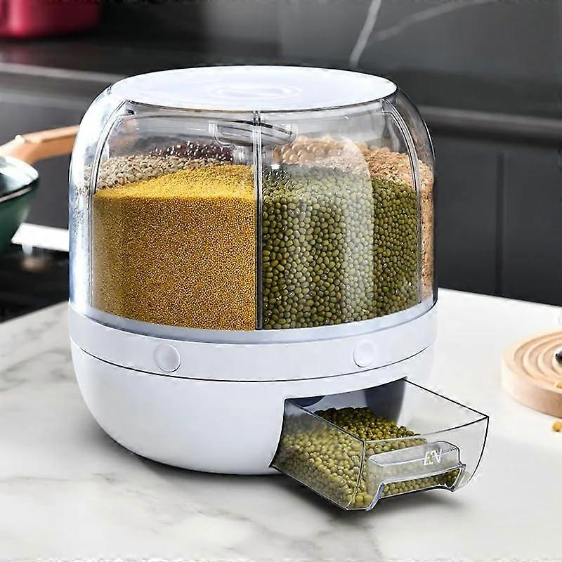 360° Rotating Kitchen Dry Food Storage Container with 6 Compartments 8 Quarts