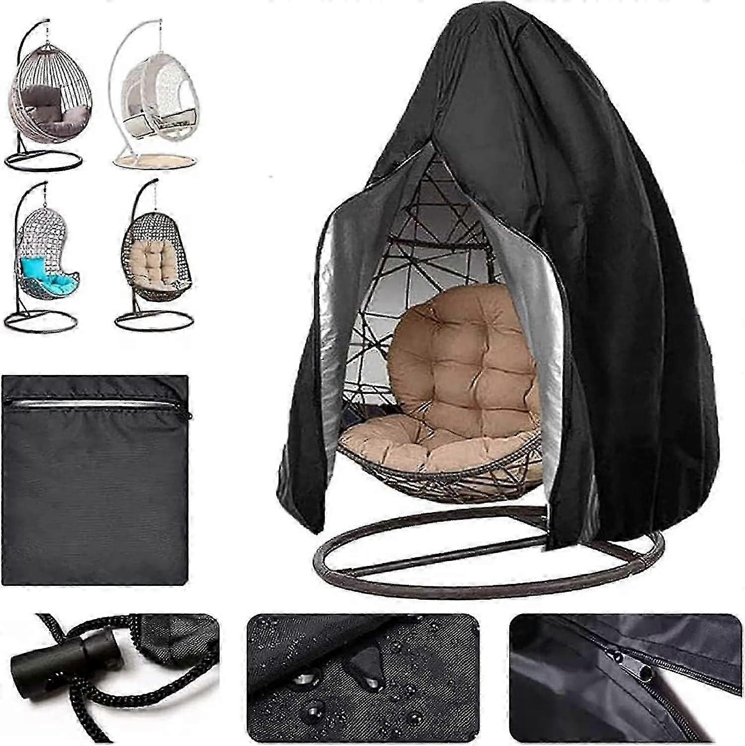 ジッパー付きヘビーデューティ防水ハンギングチェアカバー - 防風 - ブラック 115x190cm