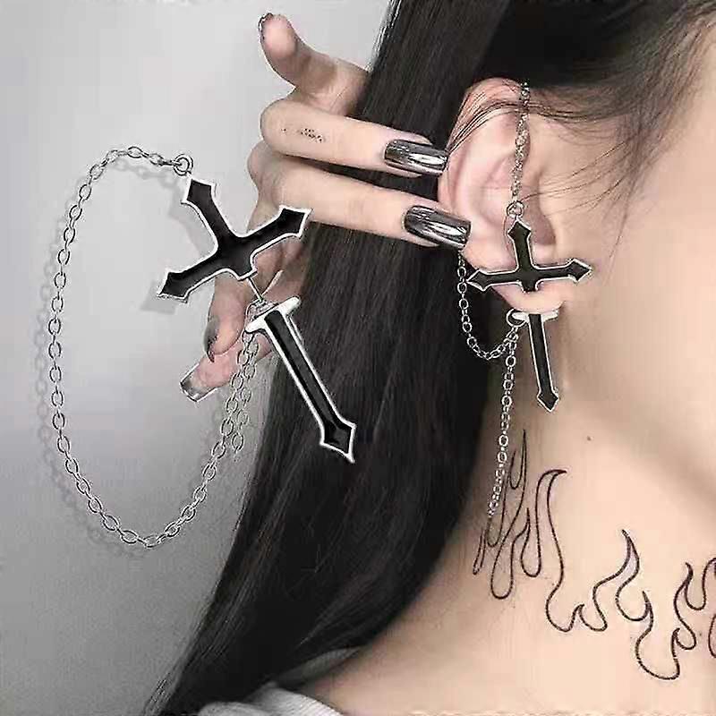 Tassel Chain Hanging Cross Studs Earrings, Hip Hop Punk Cross Chain Earrings