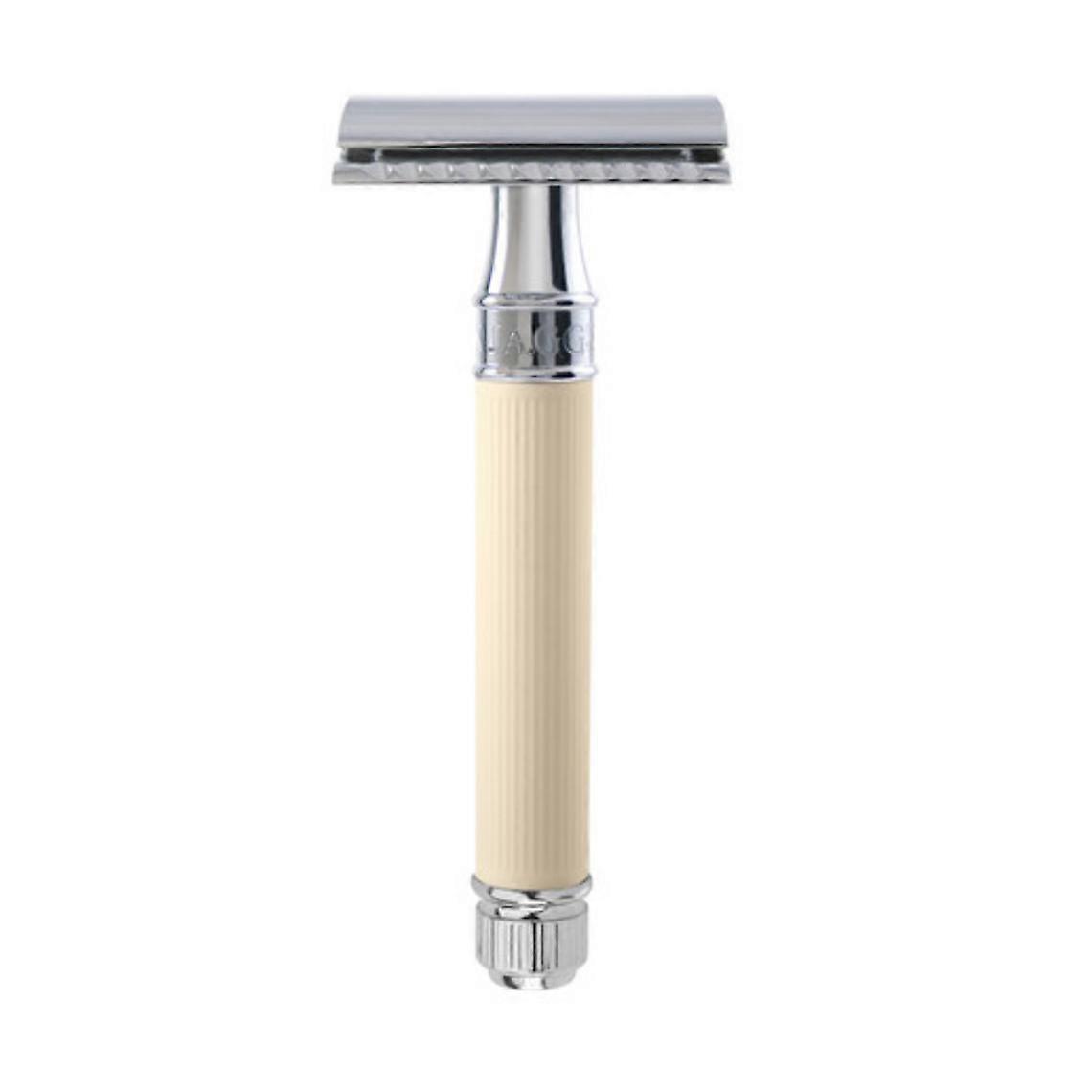 Double-edged safety razor with chrome-plated ivory-effect rubber-lined handle and feather blade