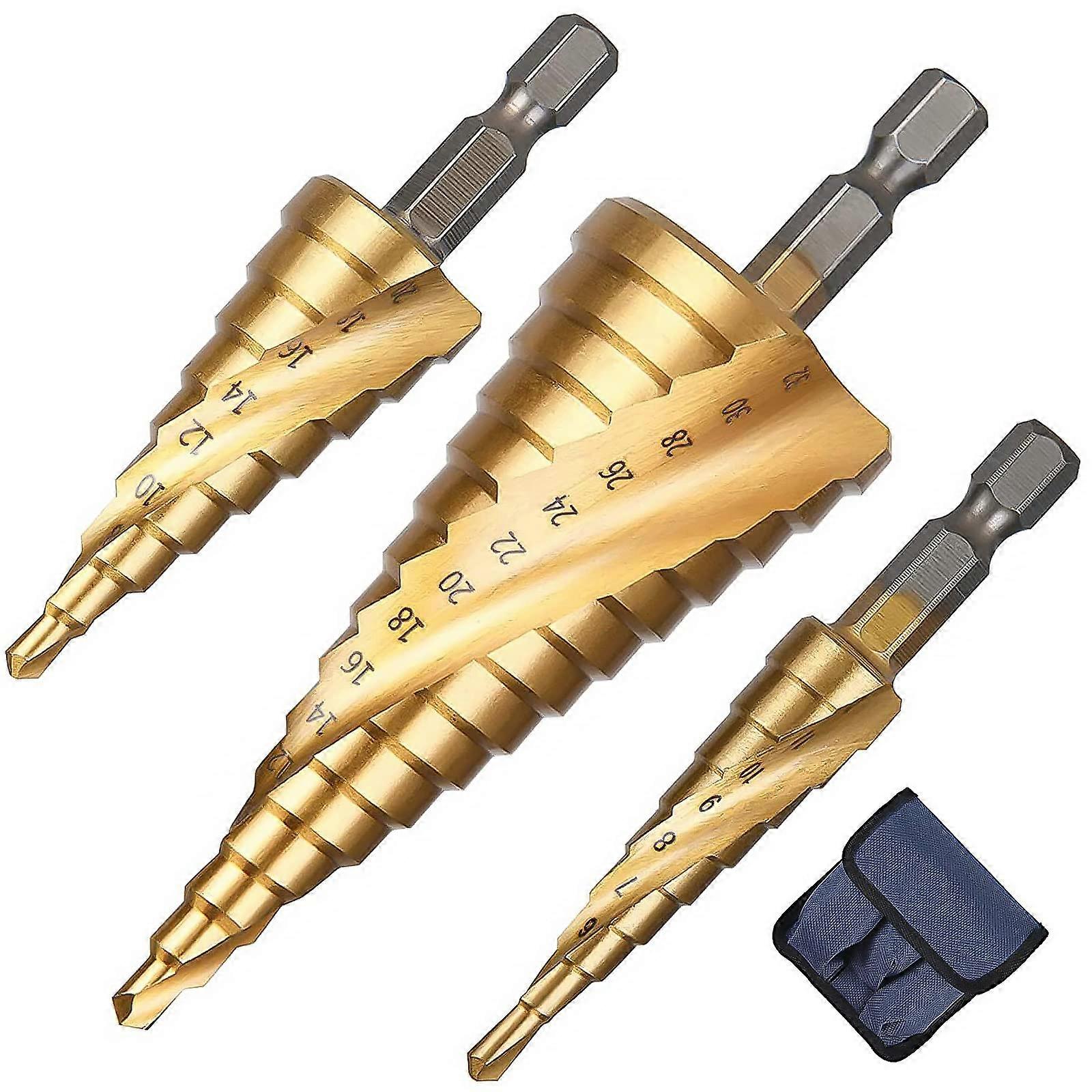HSS Step Drill, 3Piece Set, TitaniumCoated for Metal, Wood, Plastic
