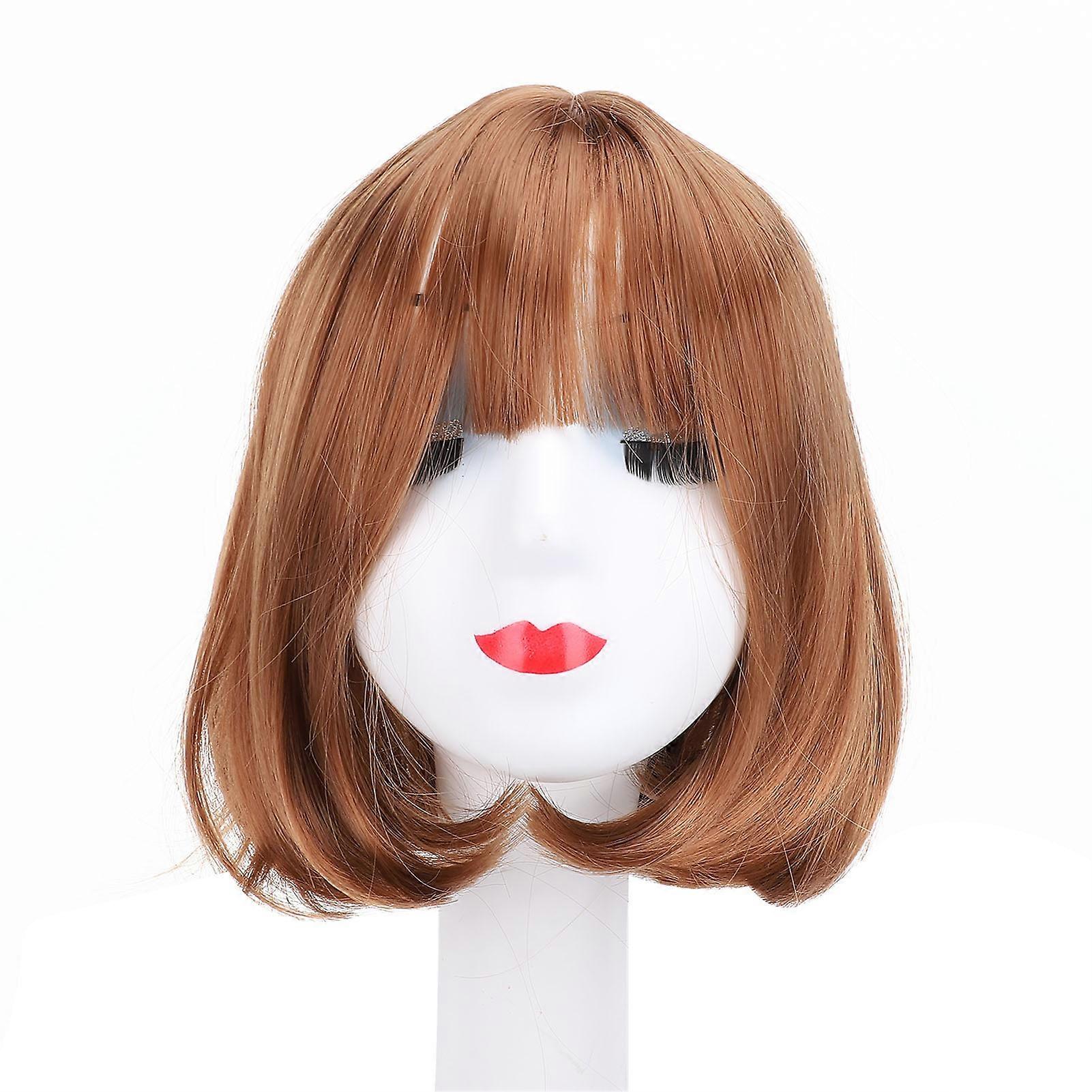 Medium Length Straight Bob Wig Flax Yellow Synthetic Breathable Net Cap Straight Bob Bangs Wig for Party