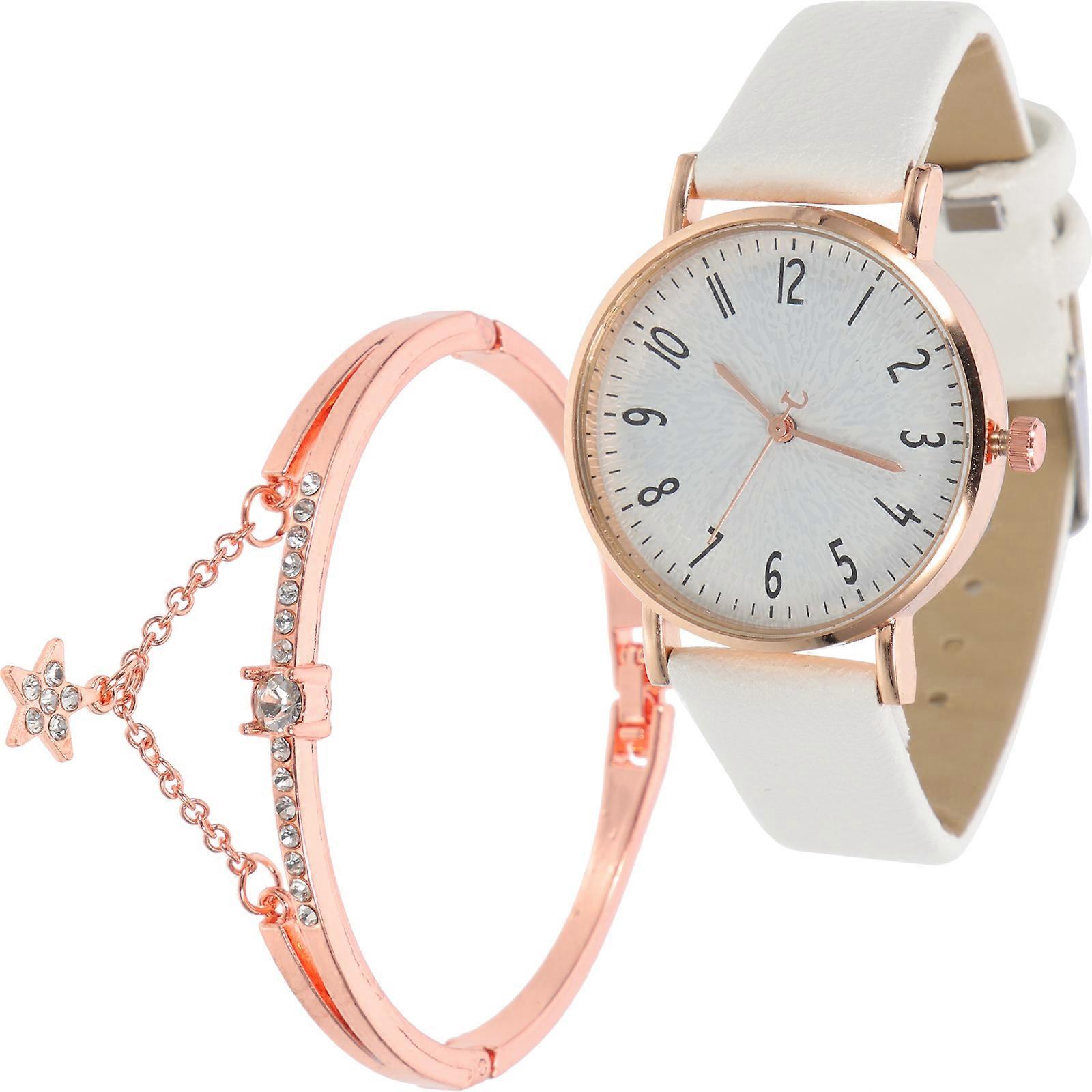 Women Watch Bracelet Set Delicate Female Wrist Watch Elegant Banquet 23.5X3.5CM White Alloy Pu Glass Timing 1Set