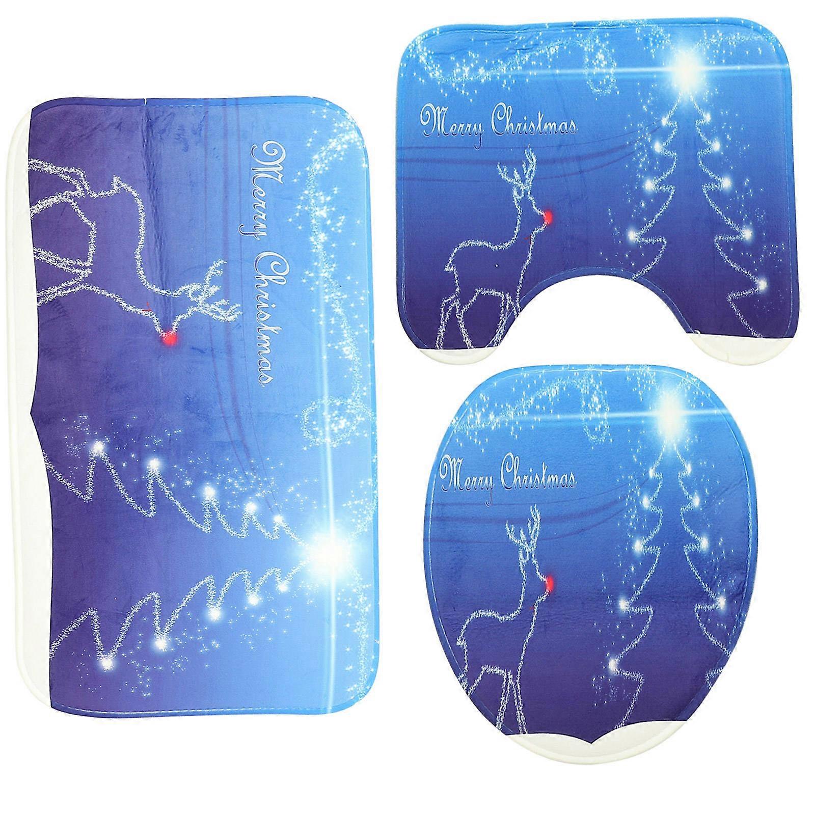 Anti-Skid Bath Mat Set Christmas Pattern Blue 75x45cm Moisture Absorption 3Pcs
