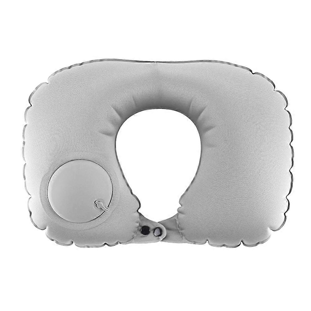 U Shaped Neck Pillow with Press Type Inflator for Airplane, Bus Travel – Multi Functional, Compact Design – Grey
