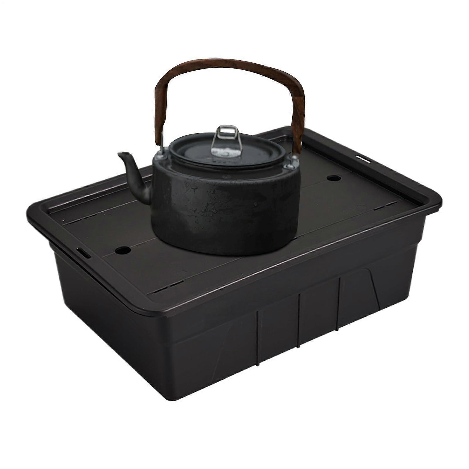 Tea Set with Lid Storage, Multifunctional Tea Container, Portable Picnic Organizer Black