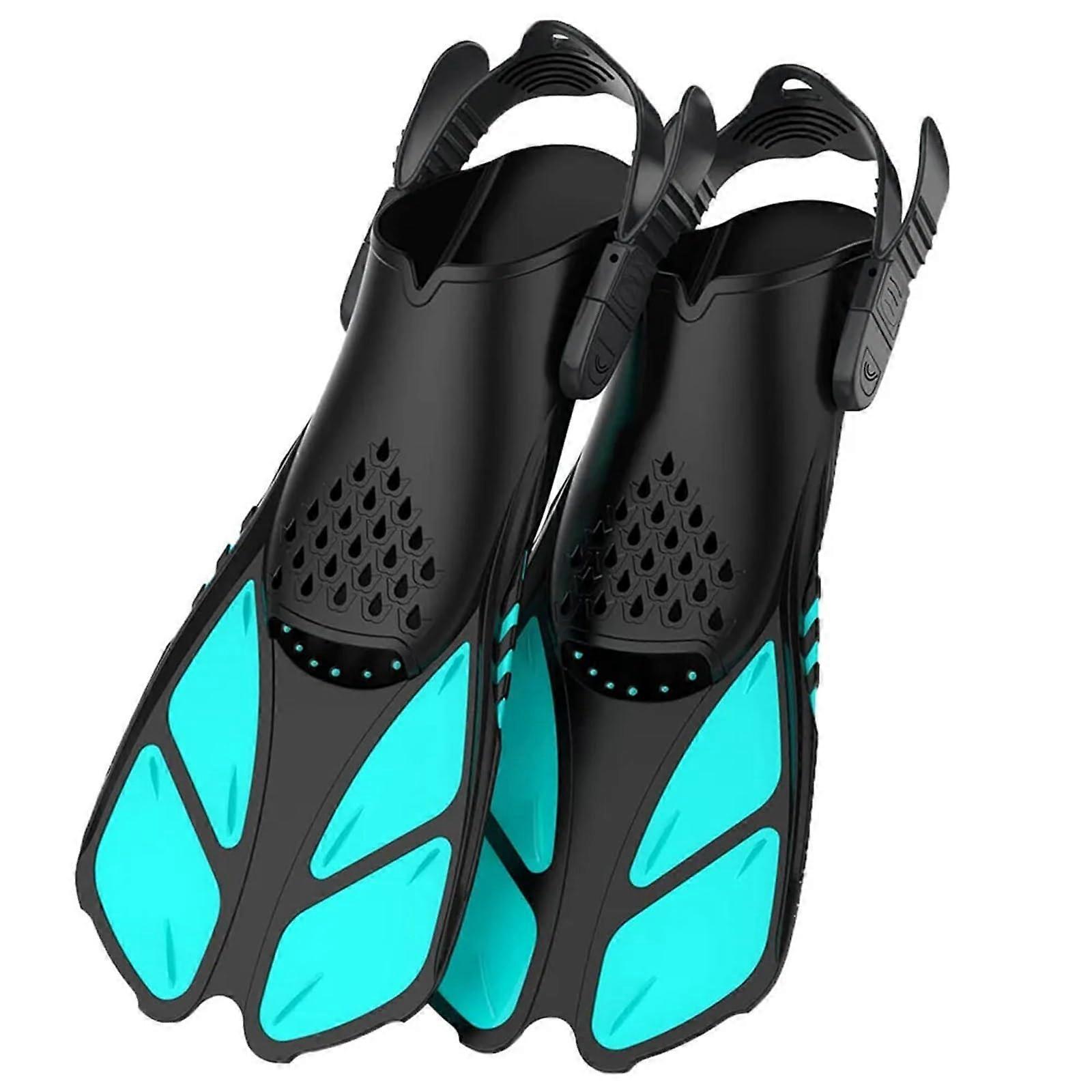Swimming Fins for Men, Adjustable Open Heel Snorkel Fins, Travel Size Short Diving Fins in Sky Blue, L/XL