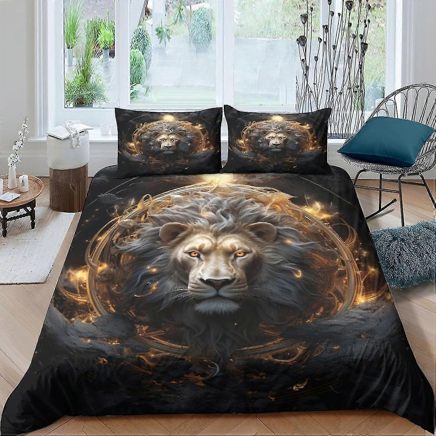 Lion Totem Bedspread Set with Zipper Closure Soft Microfiber for Kids Double 3 Piece Quilt Cover