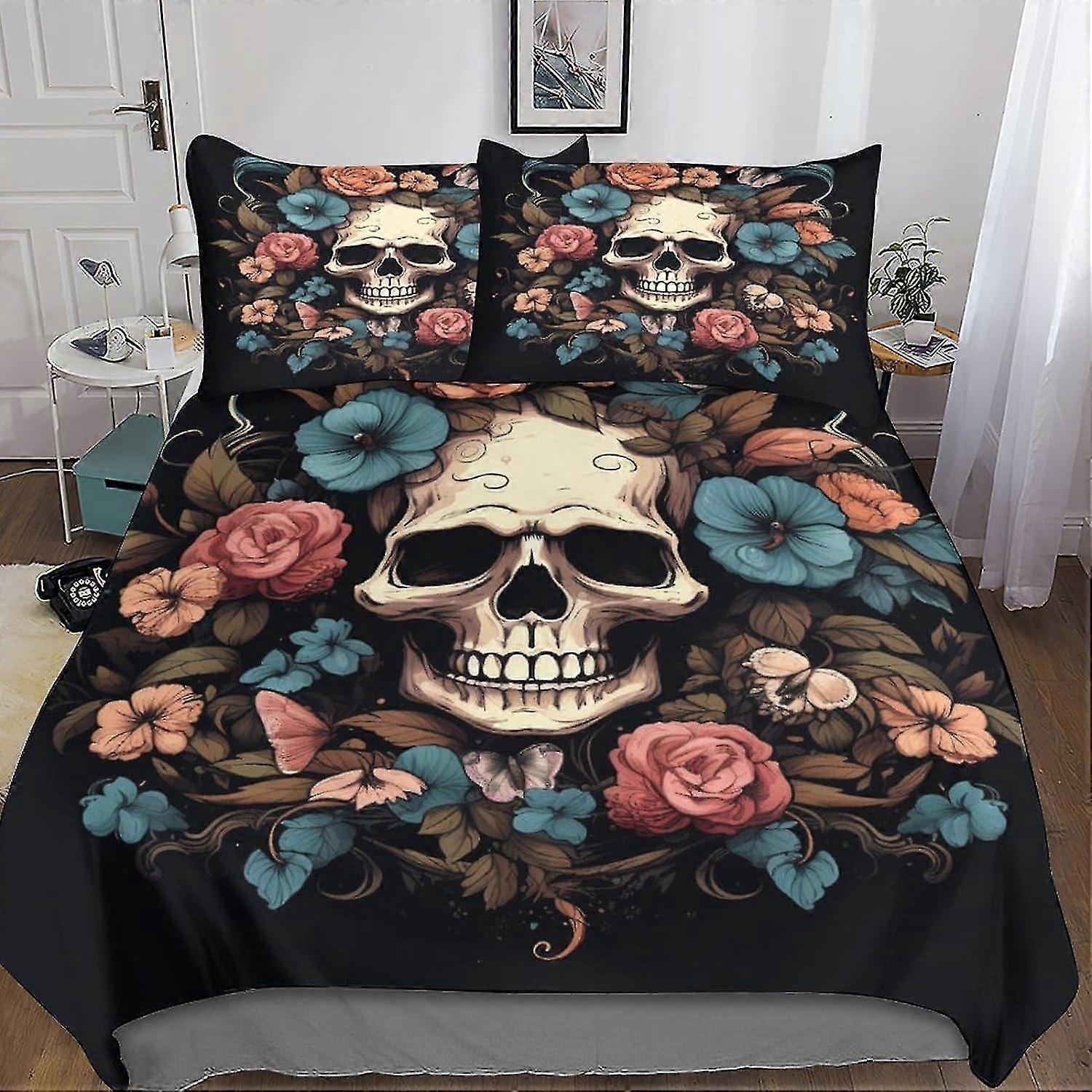 Conjunto de Cama de Microfibra com Capa de Edredom de Caveira Gótica, Capa de Colcha de Caveira Criativa com Impressão 3D, Macia para Todas as Idades com Fecho de Zíper