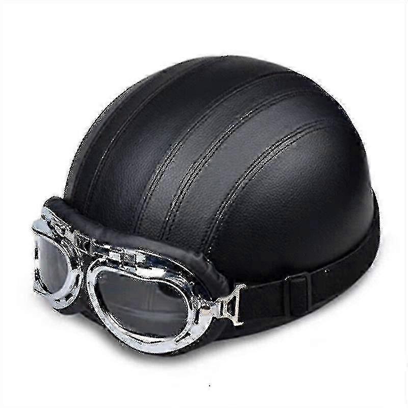Retro Motorcycle Leather Half Helmet With Goggles Black