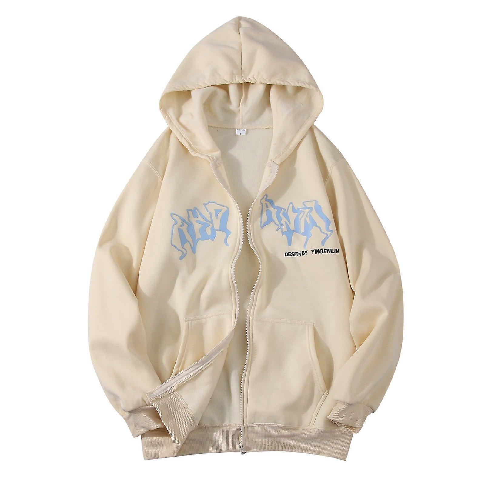 Y2K Sweatshirt Jacket Men’s Oversized Hooded Pullover with Alphabet Print, Drop Shoulder, Khaki, Size L, High Street Style