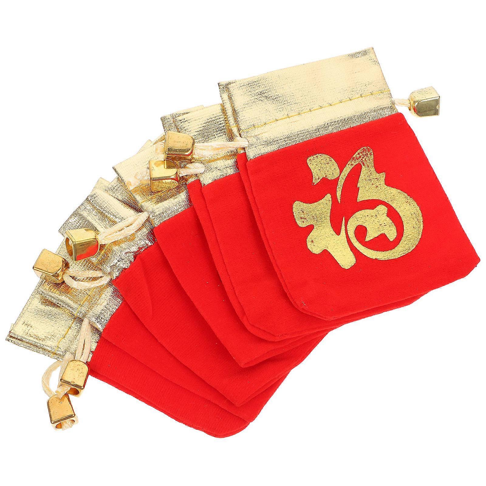 Party Chinese New Year Bag Small Drawstring Pouch For Chinese New Year Red 12.00X9.50cm 6Pcs