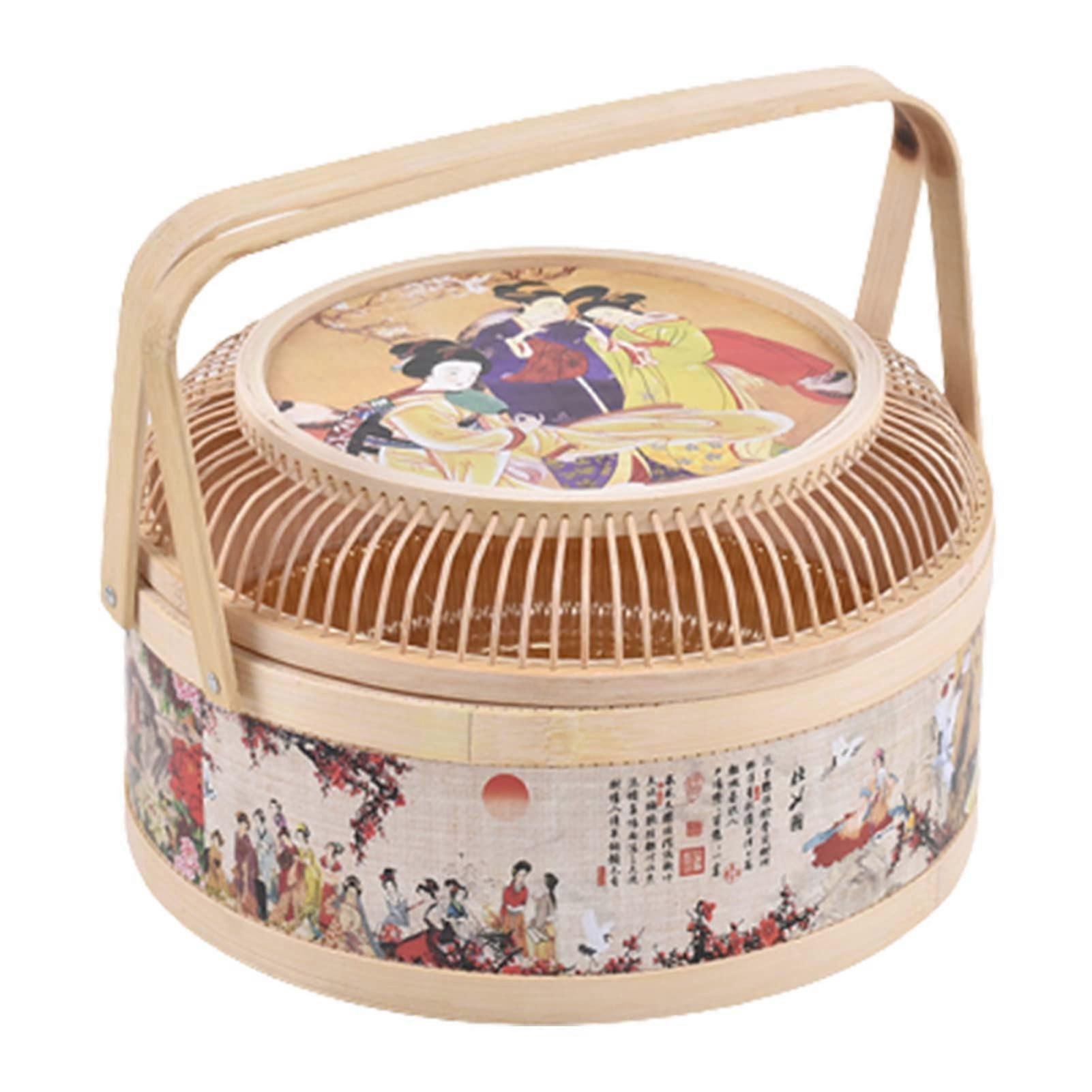 Food Basket Bamboo Hollow Out Design Large Capacity Colorful Print Anti-Tear Cake Basket for Various Uses