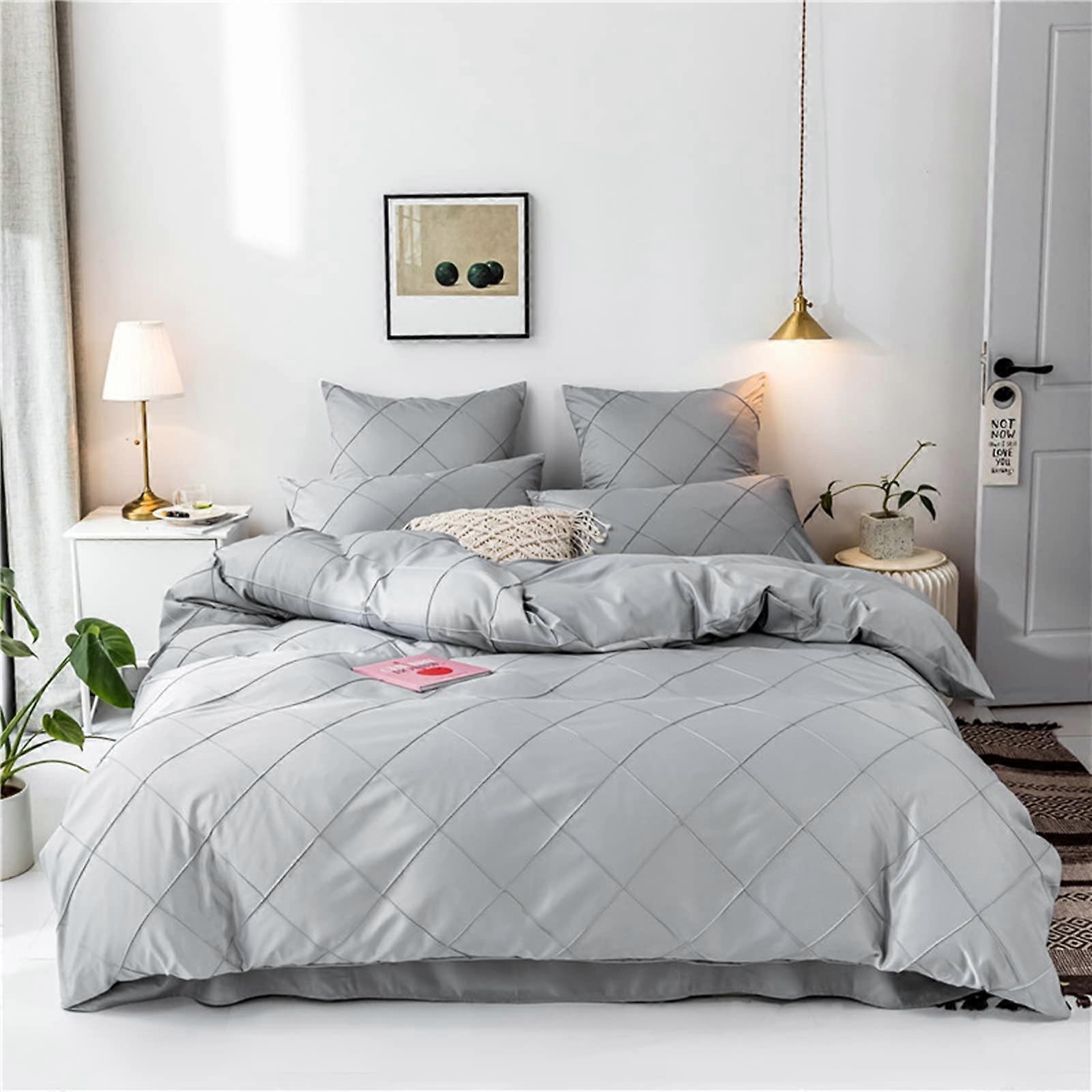 Grey Duvet Cover Double Embossed Stripe Grid Geometric Quilt Cover 200×200 cm