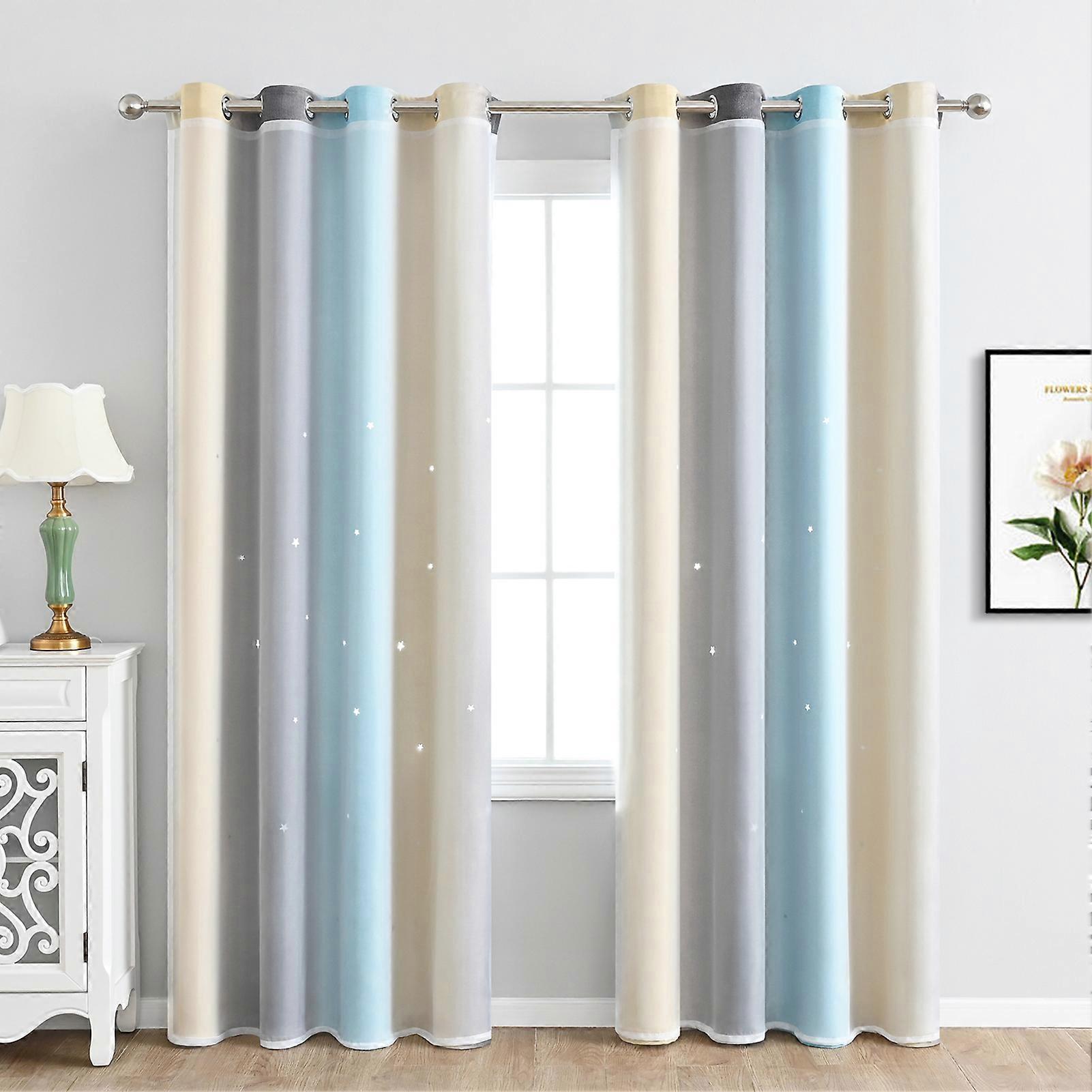 2pc Curtain Simple Gradient Hollow-out Star Pattern Double Layer Blackout Bedroom Living Room Insulation Curtain